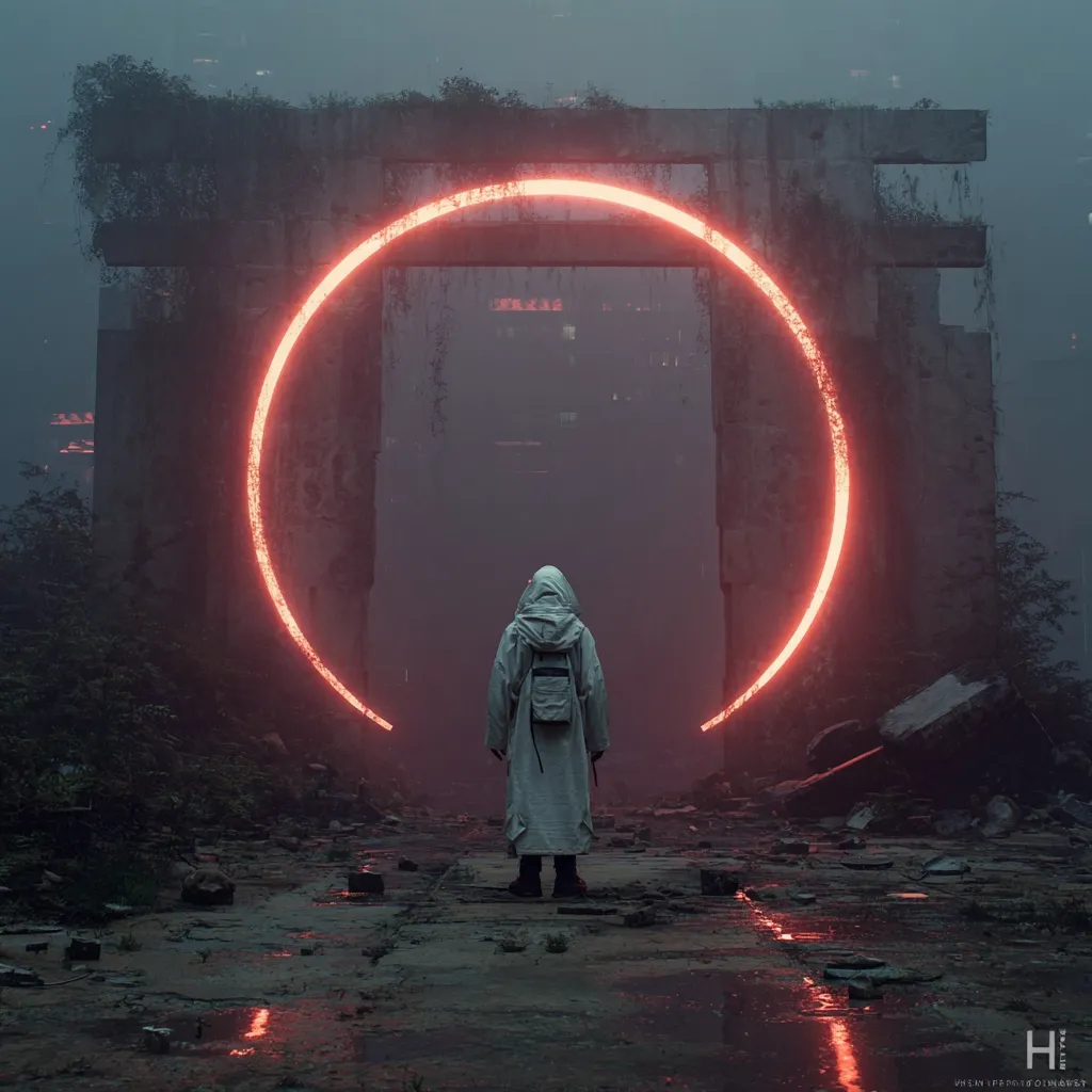 A hooded figure in a white robe stands before a large, glowing orange circular portal set within the ruins of a stone structure.  The scene is shrouded in mist and a dark, futuristic city is faintly visible in the background. The overall atmosphere is mysterious and evocative of science fiction or fantasy.  The image suggests a journey or transition into another realm.