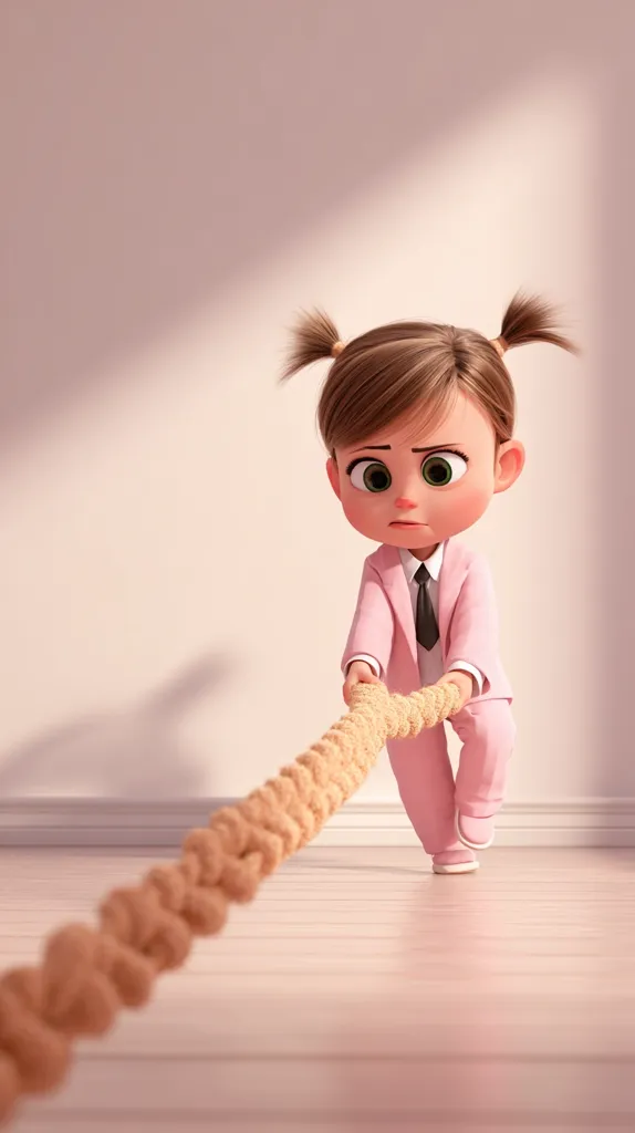 A 3D-rendered image depicts a cute, cartoonish little girl with pigtails.  She's dressed in a pink suit and tie, intensely pulling on a thick, braided rope. Her expression is serious and determined, suggesting a game of tug-of-war or a challenging task. The setting is a minimalist, light-colored room with wooden floors.  The overall style is playful yet slightly melancholic.