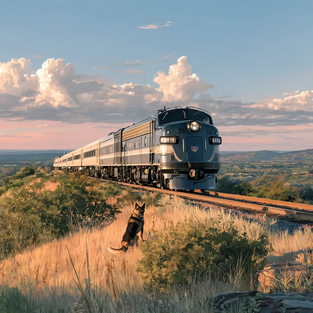 A long passenger train, predominantly blue and white, traverses a hilly landscape under a partly cloudy sunset sky.  A German Shepherd dog sits patiently in the foreground, observing the train as it passes along the tracks. The scene is peaceful and evokes a sense of nostalgic travel.  The overall style is painterly and digitally rendered.