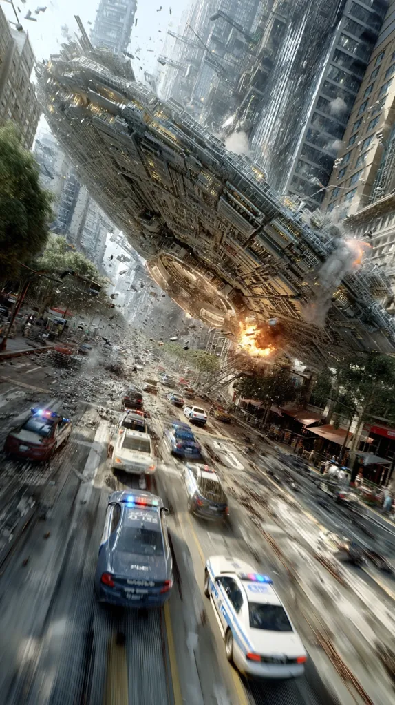 A massive, damaged spaceship crashes into a futuristic city, causing widespread destruction.  Cars, including police vehicles, speed through the debris-strewn streets amidst collapsing buildings and explosions.  The scene is chaotic and dynamic, showcasing a dramatic alien invasion or catastrophic event. The image is highly detailed, emphasizing the scale of the disaster.