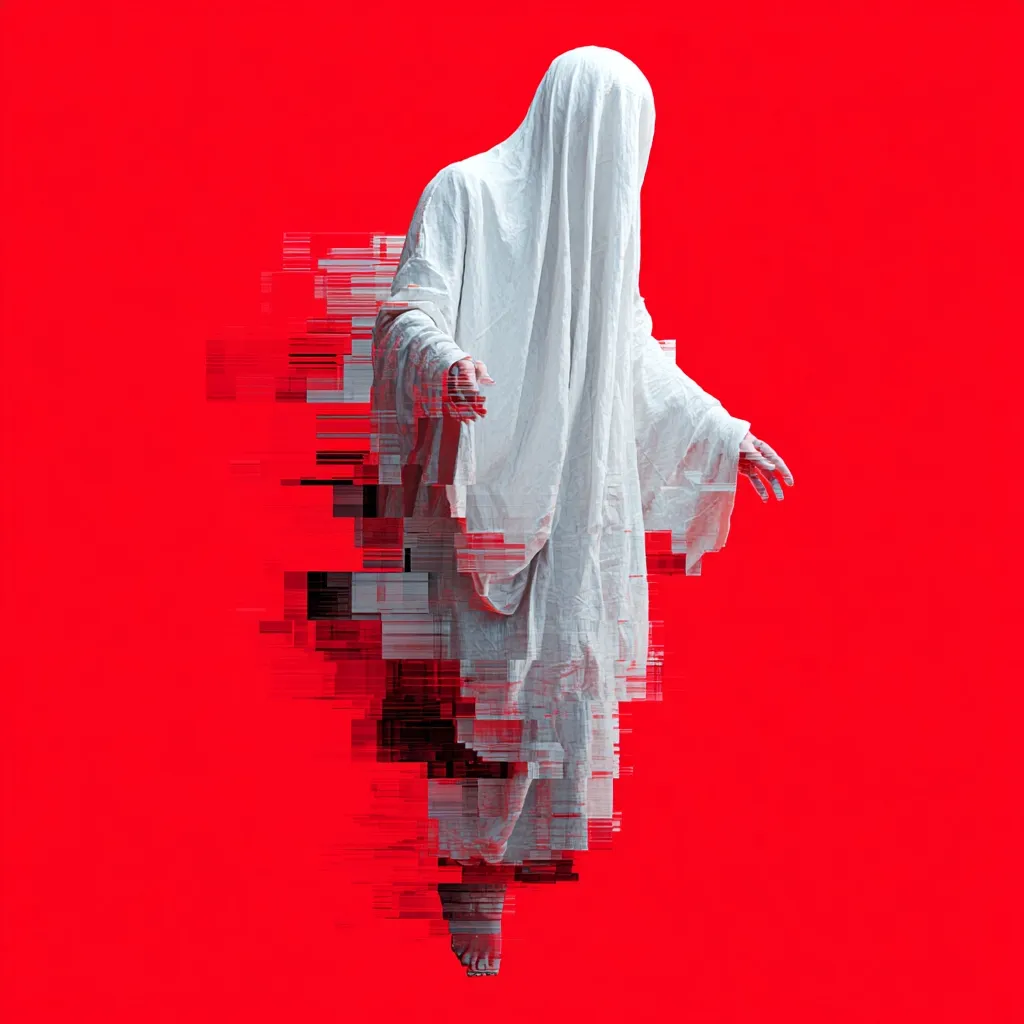 A digital rendering depicts a ghostly figure, cloaked in white, against a vibrant red backdrop.  The figure's form is partially fragmented, with digital glitches creating a distorted, ethereal effect. The overall mood is surreal and slightly unsettling, suggesting a blend of the spiritual and technological.  The white robe contrasts sharply with the bold red, drawing focus to the enigmatic figure.