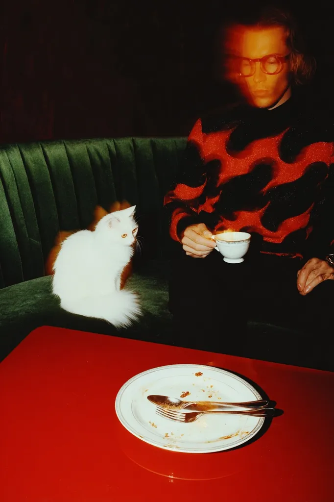 A person wearing glasses and a red and black patterned sweater sits on a green velvet couch, holding a small teacup.  A white longhaired cat sits beside them. A red table in front holds a plate with remnants of food and used cutlery. The dimly lit scene evokes a mood of quiet intimacy.