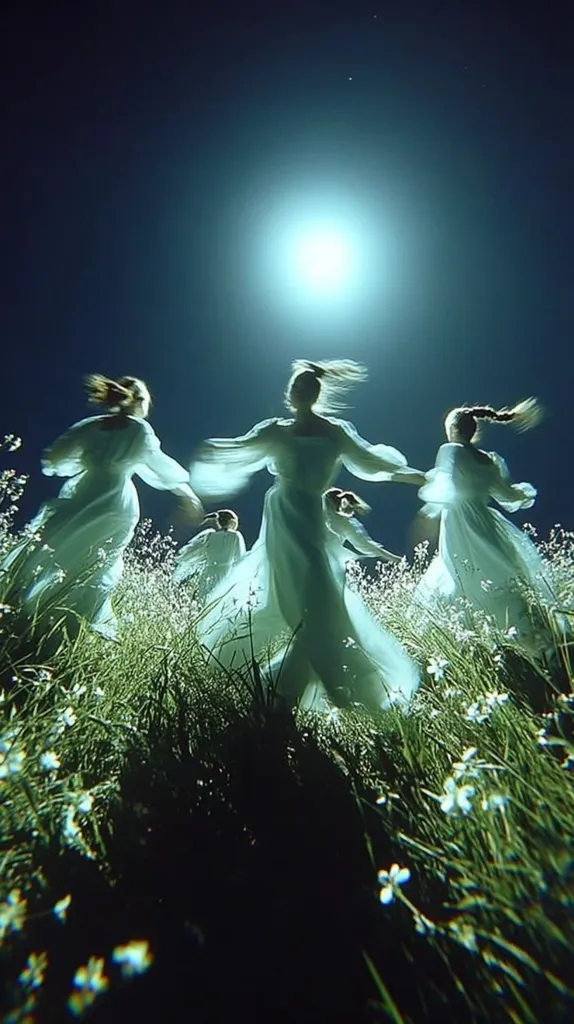 Four women in flowing white dresses dance in a field under a bright moon at night.  Their hair streams behind them as they twirl, creating a mystical and ethereal scene.  The tall grass and scattered white flowers add to the dreamlike atmosphere.  The image is softly lit, emphasizing the graceful movements and the serene beauty of the night.