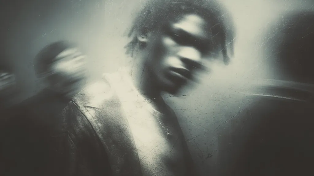 A monochromatic, blurry image depicts a person, possibly male, with dark hair, appearing distressed or in motion.  The figure's features are indistinct, blurred by a motion effect or intentional artistic choice, creating a sense of unease and mystery. The background is textured, mimicking a weathered wall or surface, enhancing the overall mood of the piece.  The grayscale palette and soft focus contribute to a dreamlike, slightly unsettling atmosphere.