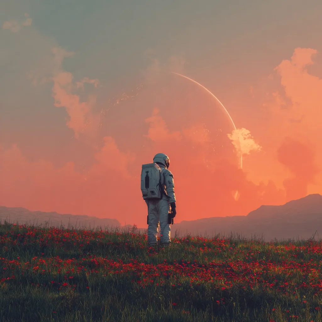 A lone astronaut stands in a field of red flowers on an alien planet.  The sky is a vibrant orange and pink, with a large, crescent-shaped planet visible in the distance.  The astronaut, in a full spacesuit with a backpack, gazes towards the celestial body.  The scene is serene yet evokes a sense of isolation and wonder in this otherworldly landscape.