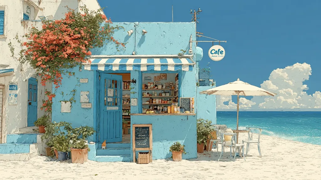 A charming, light-blue seaside cafe sits on a sandy beach.  Its striped awning provides shade, and the interior displays shelves stocked with goods.  Vibrant orange bougainvillea climbs the building's exterior, adding a splash of color. A small outdoor seating area with a parasol overlooks the tranquil turquoise ocean under a clear blue sky. The scene evokes a sense of peace and tranquility.