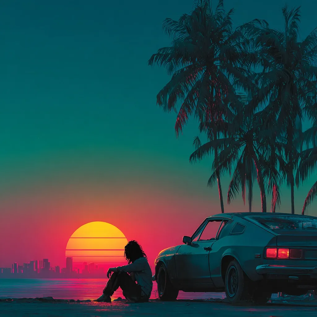 A person with long hair sits on the ground next to a vintage car at sunset.  Palm trees silhouette against a vibrant, two-toned sky, a large, stylized sun setting over a distant cityscape. The scene evokes a feeling of solitude and retro aesthetic, with bold color contrasts defining the image. The overall mood is melancholic yet serene.
