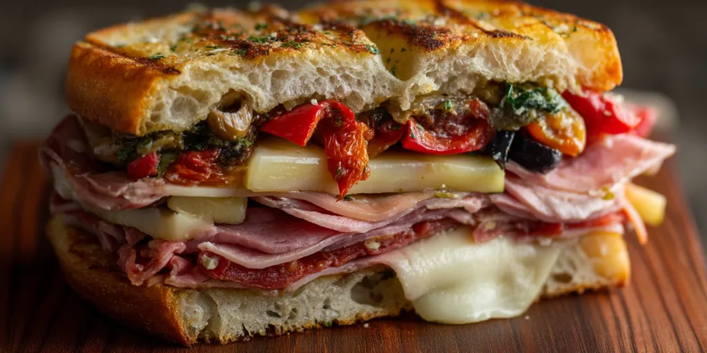 A delectable Italian sandwich, generously layered with various cured meats, roasted red peppers, olives, cheese, and a flavorful pesto spread.  The toasted ciabatta bread adds a delightful crunch, while melted cheese oozes from the center. This visually appealing sandwich is a feast for the eyes and promises a satisfying culinary experience.