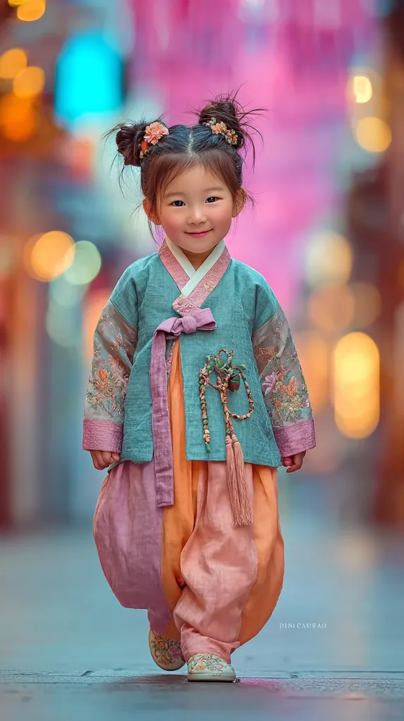 A young girl, her hair styled in two topknots adorned with flowers, smiles sweetly. She's dressed in a vibrant, traditional Korean hanbok—a teal jacket with floral sleeves and a peach-colored skirt—adding a touch of elegance to her charming demeanor. The bokeh background suggests a bustling city street, creating a captivating contrast between the child's serene expression and the lively urban setting.  Her shoes are equally charming and coordinate with her outfit.