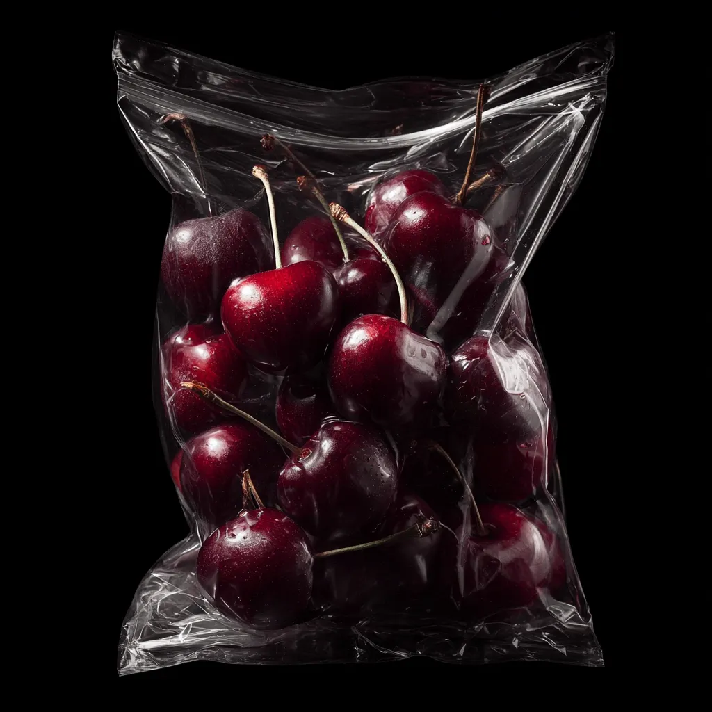 A transparent plastic bag filled with dark red cherries is shown against a black background.  The cherries are tightly packed, their stems visible, and some appear to have moisture droplets on their skin. The bag is sealed at the top, showcasing a simple yet effective presentation of the fruit. The image has a high contrast, emphasizing the deep color of the cherries.