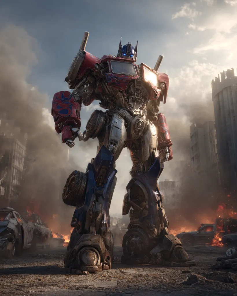 A colossal Optimus Prime, weathered and battle-scarred, stands amidst a ravaged cityscape.  Burning cars and crumbling buildings form a chaotic backdrop to the iconic Autobot leader.  His powerful frame dominates the scene, conveying both strength and a sense of weary determination in the face of devastation. The image evokes a post-apocalyptic battleground, highlighting the scale and intensity of the conflict.