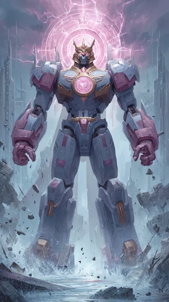 A colossal mecha, predominantly purple and gray, stands amidst a ravaged cityscape.  Its design incorporates intricate detailing and a crown-like headpiece.  A vibrant pink energy sigil emanates behind it, suggesting a powerful, perhaps magical, source.  The robot's imposing stature dominates the scene, its feet causing waves to crash around debris in a flooded area, signifying its immense strength and destructive power.