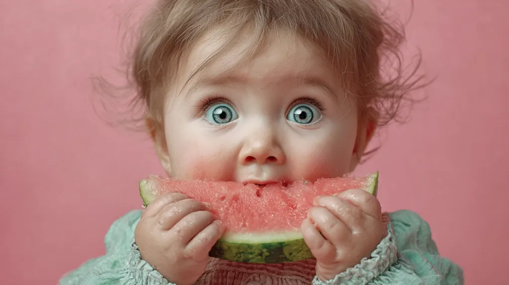 A baby with wide, expressive blue eyes joyfully bites into a large slice of juicy watermelon.  The baby's light blonde hair is slightly messy, adding to their charming appearance.  The vibrant pink background complements the red watermelon, creating a cheerful and summery image. The baby's hands firmly grasp the refreshing treat.