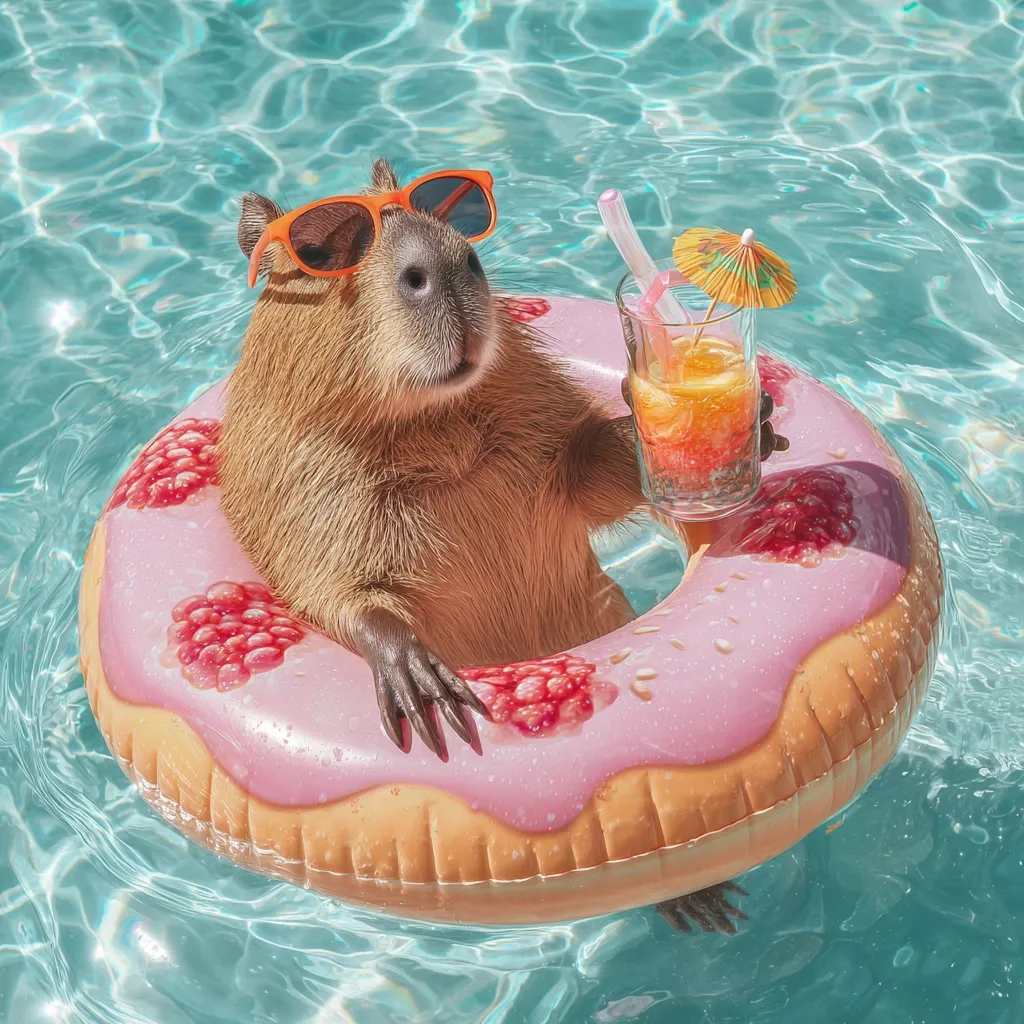 A capybara, wearing sunglasses, enjoys a refreshing summer drink while lounging in a donut-shaped pool float.  The vibrant pink float is decorated with raspberry-like designs.  The capybara holds the drink with its paws, showcasing a relaxed and playful summer scene in a sparkling blue pool.