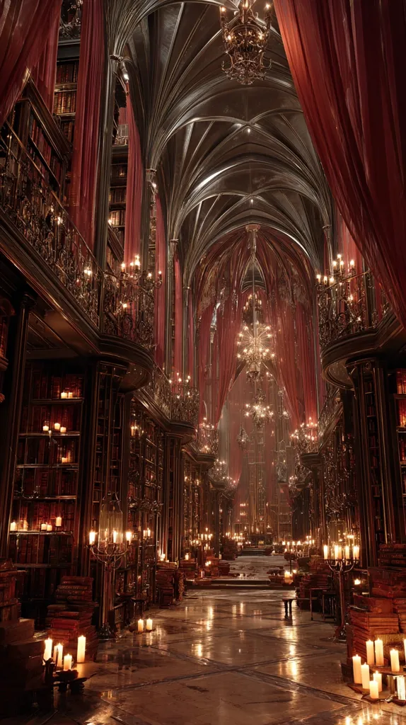 A majestic, gothic library is illuminated by countless flickering candles.  Dark wood bookshelves stretch into the distance, lined with countless leather-bound volumes.  Crimson curtains hang from the high, arched ceilings, creating a dramatic and enchanting atmosphere.  Ornate chandeliers add to the grandeur of this opulent and seemingly timeless space.
