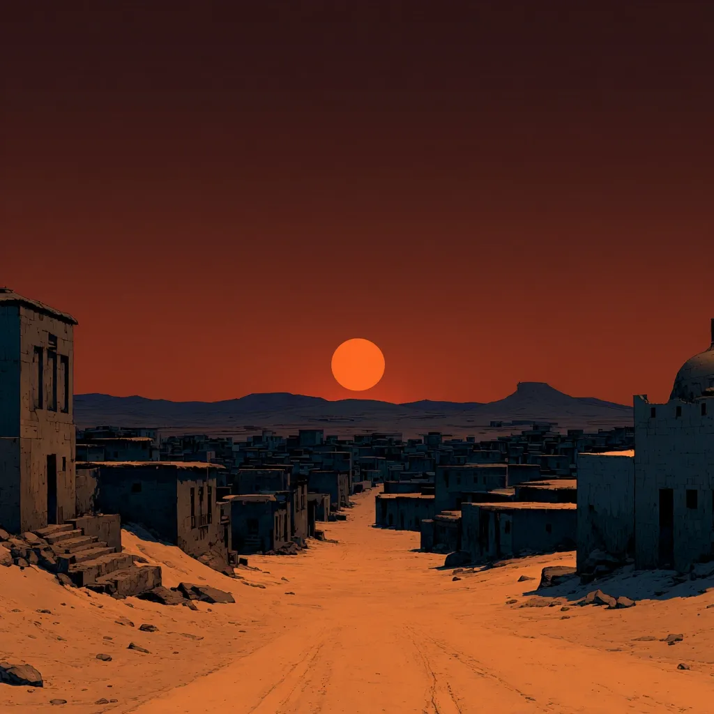 A desolate desert town is silhouetted against a fiery sunset.  Simple, cube-shaped buildings line a sandy road leading to the horizon, where a large orange sun dominates the sky.  The scene evokes a sense of isolation and the passage of time, with the architecture appearing aged and weathered. The overall color palette is warm and muted, focusing on shades of orange, brown, and dark grey.
