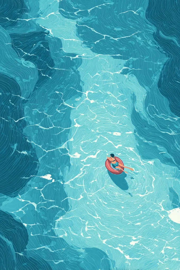 An aerial view depicts a person relaxing on a red inflatable ring in a tranquil turquoise sea.  The water's surface is detailed with textured lines suggesting gentle waves and currents. The overall style is artistic and serene, conveying a peaceful summer day. The vibrant colors and stylized illustration create a calming and visually appealing image.