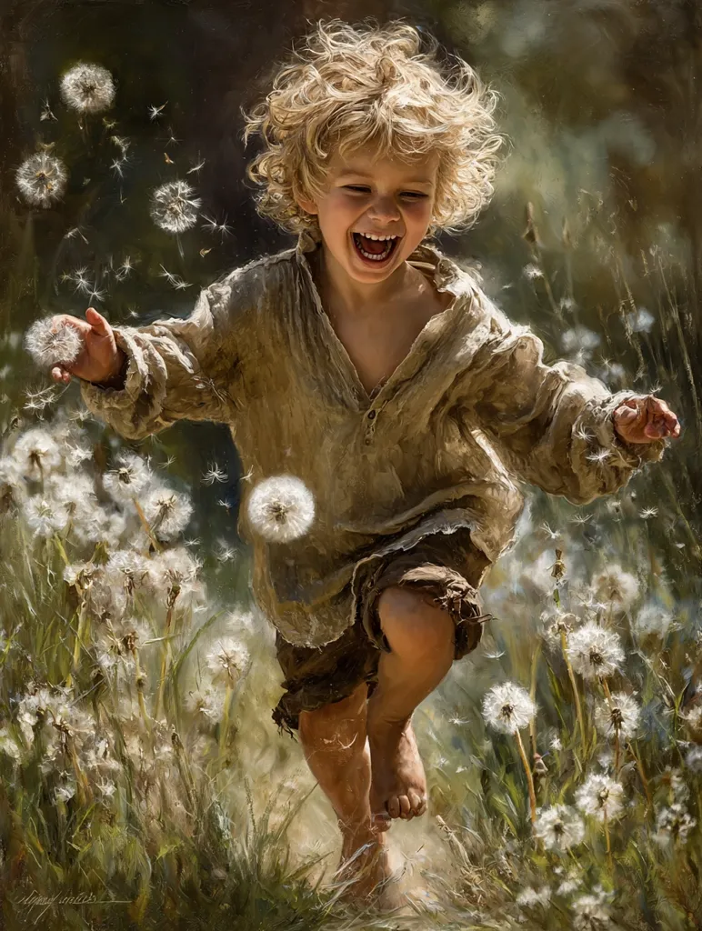 A joyful, blonde child with curly hair leaps through a field of dandelions, their seeds scattering in the wind.  The child's laughter is palpable, their barefoot run conveying pure, unadulterated glee.  The painting's warm tones and soft brushstrokes create a whimsical, idyllic scene.  The overall feeling is one of carefree childhood joy and connection with nature.