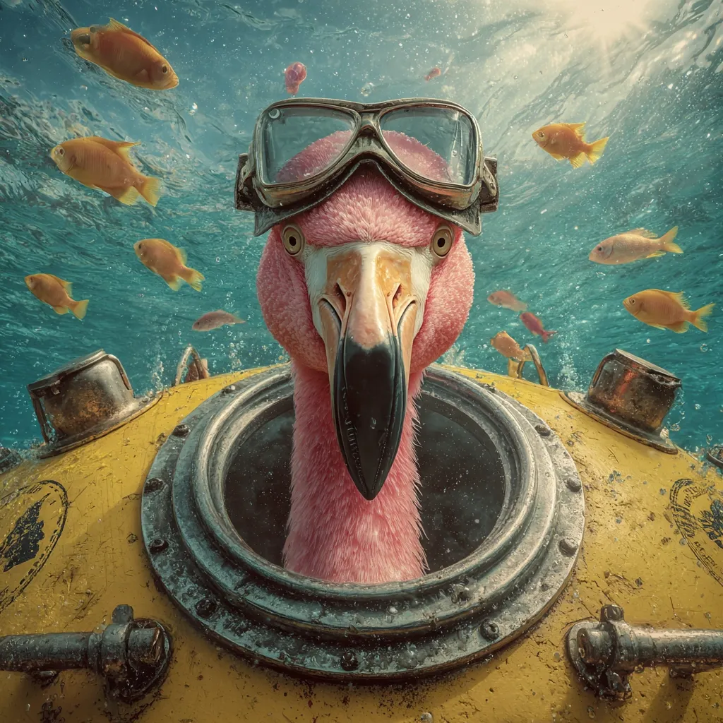 A pink flamingo, wearing diving goggles, peers out from the porthole of a small, yellow submarine.  Surrounding the submarine are numerous small, colorful fish swimming in the clear blue water. The scene is whimsical and surreal, combining unlikely elements in a humorous underwater setting.  The flamingo appears curious and slightly comical in its unexpected aquatic adventure.