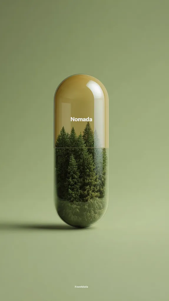 A large transparent capsule contains a miniature forest.  The word "Nomada" is subtly printed on the capsule, suggesting a theme of travel or wandering. The overall aesthetic is minimalist and evokes a sense of nature's preservation or the idea of carrying a piece of the environment.  The muted green background enhances the image's peaceful and serene atmosphere.