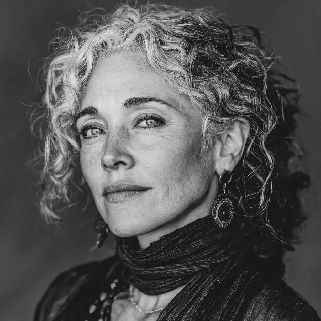 A black and white close-up portrait of a woman with curly gray hair.  She's wearing a dark scarf and earrings. Her expression is serious and contemplative, her face showing lines and textures indicative of age. The photograph is sharply focused, highlighting the details of her skin and hair. The overall mood is one of quiet strength and maturity.
