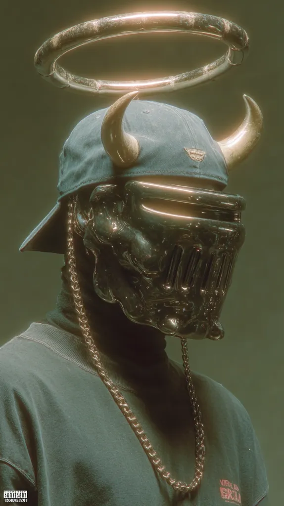 A stylized figure wears a dark, futuristic helmet with horns protruding from a blue baseball cap.  A golden halo hovers above, creating a paradoxical juxtaposition of angelic and demonic imagery. The figure's attire includes a dark turtleneck and a gold chain, adding to the complex visual narrative. The overall aesthetic is dark, moody, and digitally rendered.