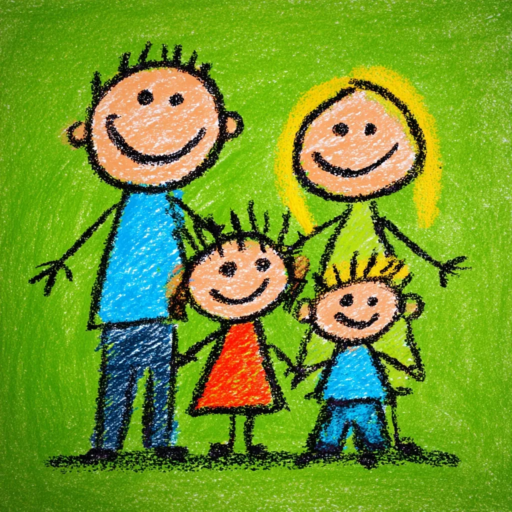 A crayon drawing depicts a happy family: a dad, mom, daughter, and son.  The childlike figures have simple features, large smiles, and brightly colored clothes. The family stands together against a vibrant green background, conveying a sense of unity and joy.  The style is reminiscent of a child's artwork, with uneven lines and bold colors.
