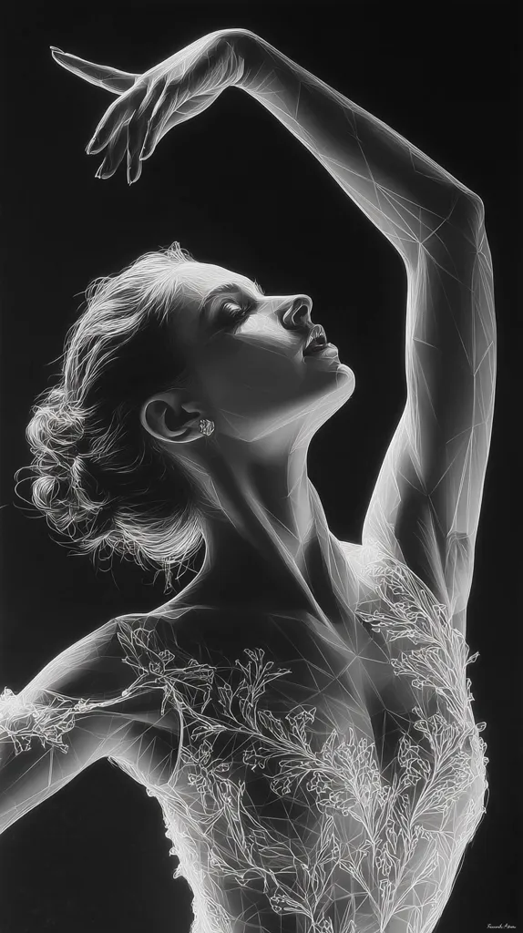 A monochromatic artwork depicts a ballerina, her arm elegantly raised.  The style is reminiscent of a line drawing or x-ray, with a delicate, almost skeletal quality to the figure and her floral-patterned gown. The contrast between the bright white lines and the black background creates a striking visual effect. The ballerina's pose and the intricate details of her dress suggest grace and ethereal beauty.
