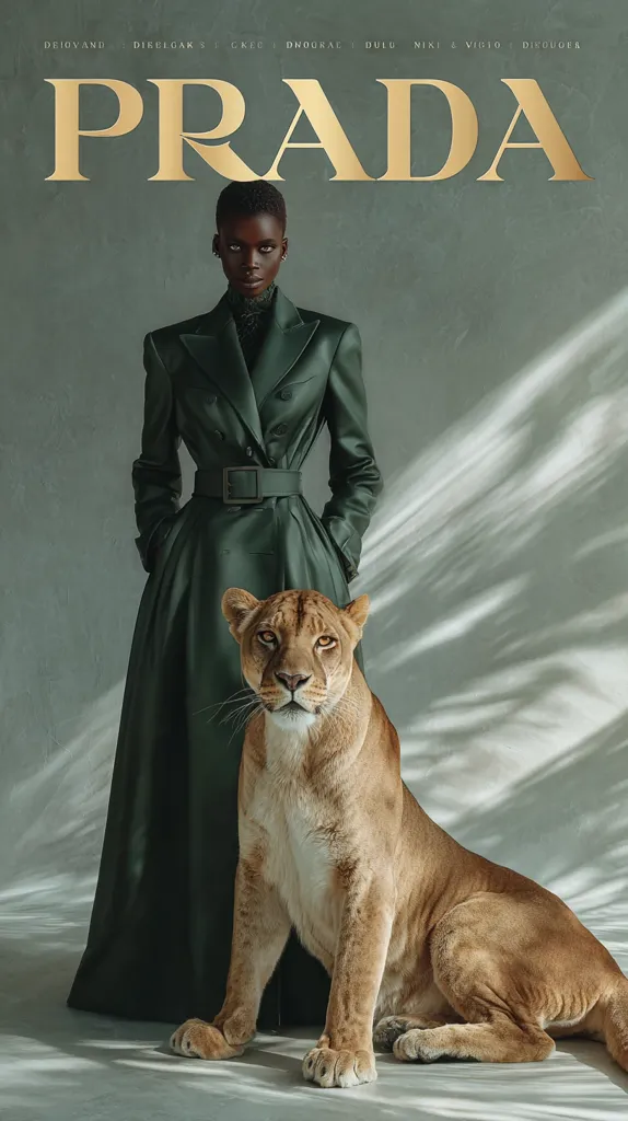 A striking fashion image features a model in a dark green Prada coat standing next to a lioness. The model's dark skin and serious expression contrast with the lioness's calm demeanor.  The background is a muted green, with soft light creating shadows. The Prada logo is prominently displayed at the top. The overall mood is sophisticated and powerful.