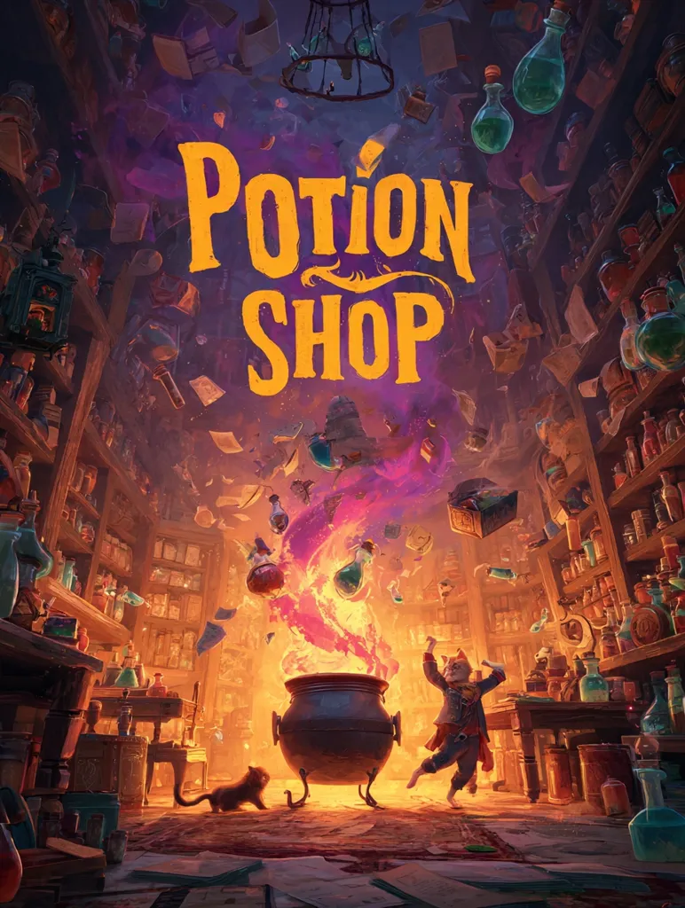 The artwork depicts a chaotic potion shop scene.  A large cauldron boils over, fiery purple fumes rising as various bottles and papers fly through the air.  A mischievous anthropomorphic cat-like figure joyfully celebrates amidst the mess, while a black cat watches from the sidelines.  Shelves overflow with an array of potions and ingredients. The title "Potion Shop" is prominently displayed in a stylized font. The overall style is fantastical and vibrant, evoking a sense of magical energy and playful chaos.