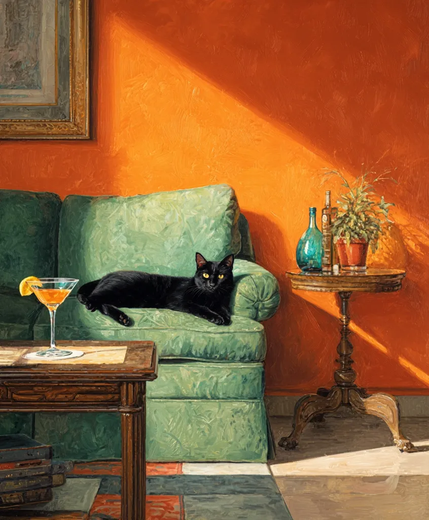 A black cat lounges on a sage green sofa bathed in sunlight streaming through a window.  A cocktail sits on a nearby coffee table, adding to the scene's relaxed atmosphere.  A small side table holds bottles and a potted plant, complementing the warm, orange-toned room. The overall style is reminiscent of a still life painting, emphasizing rich colors and textures.