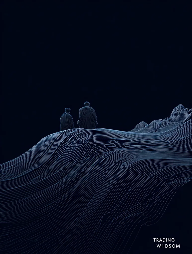Two figures, silhouetted against a dark sky, stand atop a stylized, undulating landscape rendered in thin, parallel lines.  The scene is minimalist and monochromatic, evoking a sense of contemplation or journey. The dark blue tones create a moody atmosphere. The bottom right corner displays the text "TRADING WISDOM".