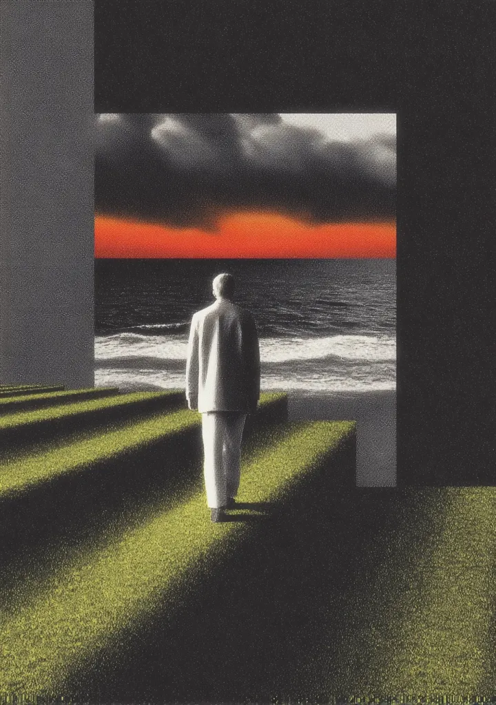A man in a white suit walks away from the viewer towards a breathtaking sunset over a tranquil ocean.  He descends a grassy staircase, framed by a dark, architectural structure. The scene is serene yet suggestive of contemplation or departure, the vibrant sunset contrasting with the somber figure and architecture. The image evokes a sense of mystery and reflection.