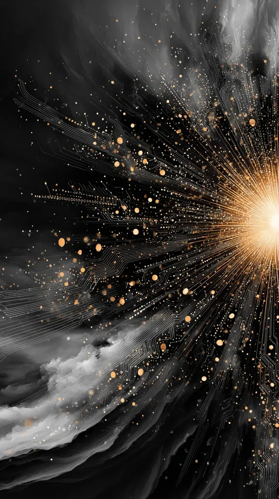 An abstract digital art piece depicts a radiant explosion of golden circuit lines against a dark, smoky background.  The lines emanate from a bright central point, resembling a technological supernova.  Small golden dots are scattered throughout, enhancing the sense of energy and movement.  The overall effect is one of dynamic technological power and ethereal beauty.