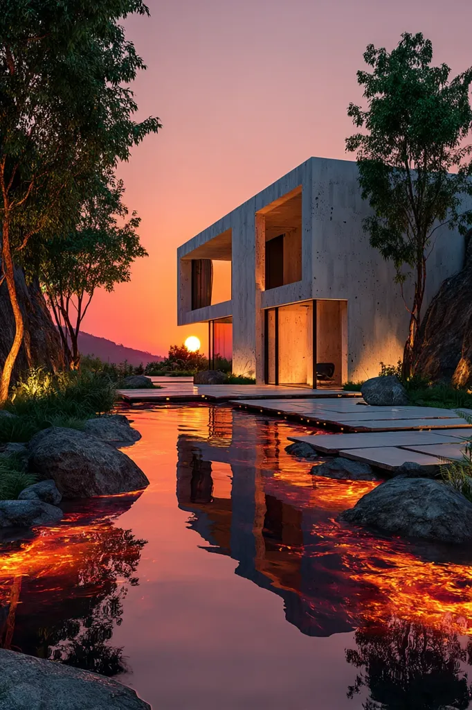 A modern concrete house sits serenely amidst a landscaped garden at sunset.  The setting sun casts a warm orange glow on the scene, reflected in a still pond that appears to be illuminated from below, creating a fiery effect.  Trees frame the house, adding to the peaceful and luxurious ambiance. The architectural design is clean and minimalist, contrasting beautifully with the natural surroundings.