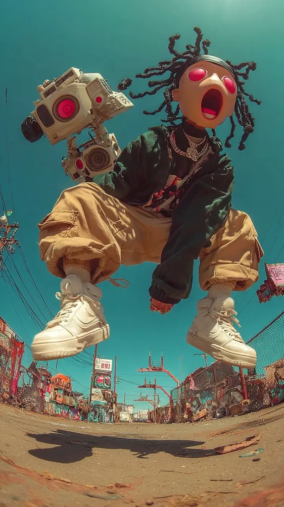 A stylized figure with exaggerated features, large eyes and an open mouth, leaps through an urban scene.  They hold a futuristic-looking camera device.  The backdrop is a vibrant, graffiti-covered alleyway under a bright blue sky. The overall aesthetic is bold, cartoonish, and futuristic, possibly referencing animation or video game design.  The image is shot from a low angle, emphasizing the jump.