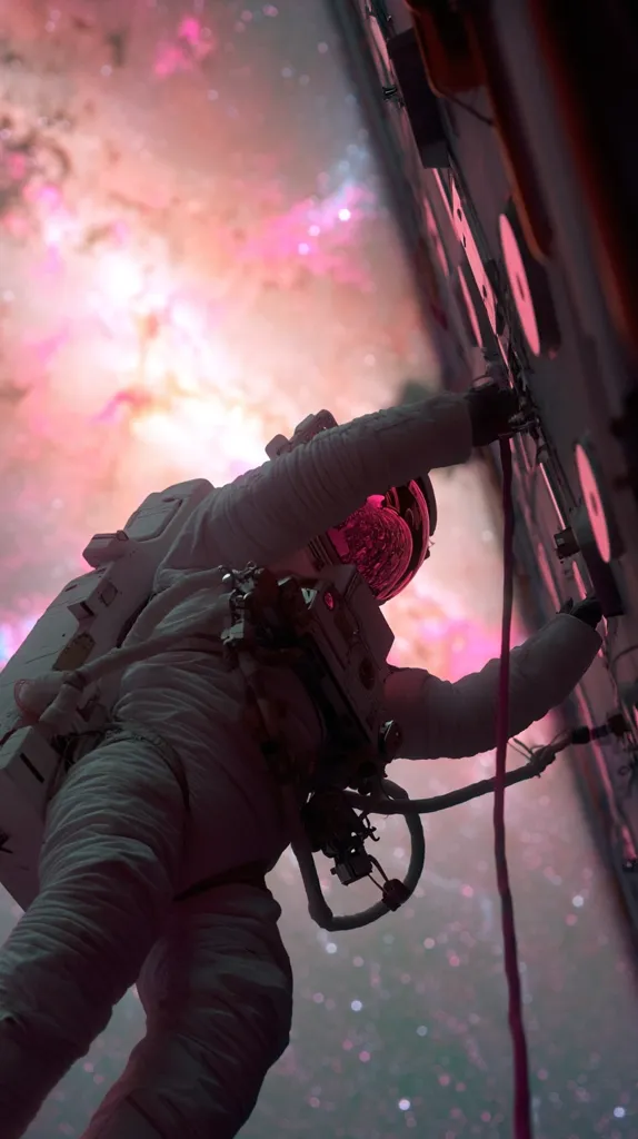 An astronaut performs a spacewalk against a vibrant backdrop of a pink nebula.  The astronaut is tethered to a spacecraft, working on the exterior. The scene is dramatic, showcasing the vastness of space and the astronaut's perilous yet essential task. The image evokes a sense of wonder and the human endeavor to explore the cosmos.