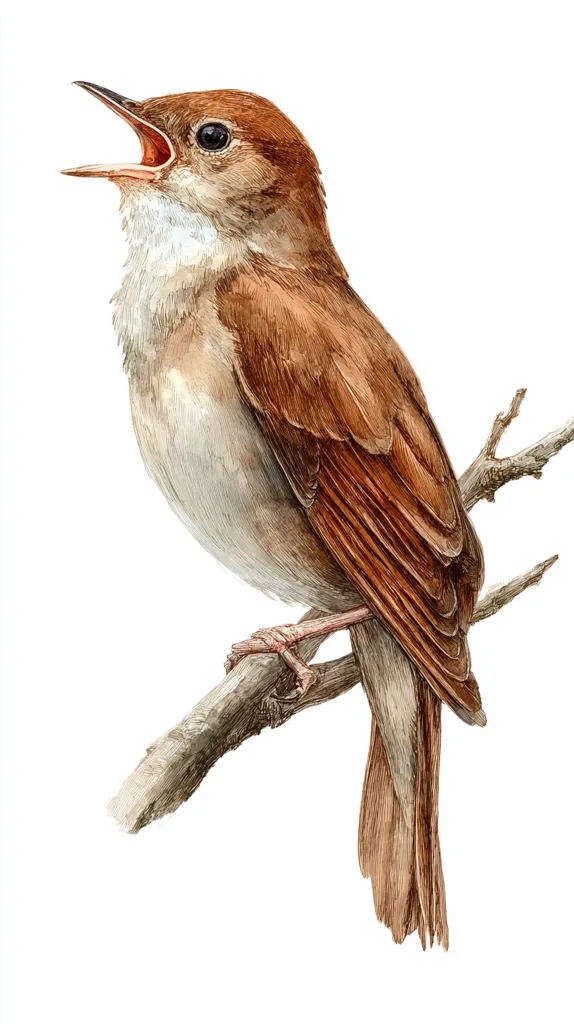 A detailed watercolor painting depicts a common nightingale perched on a slender branch.  Its beak is open in song, showcasing its vibrant reddish-brown plumage.  The bird's breast is a lighter, grayish-brown, contrasting with the richer tones of its back and wings. The artwork is rendered with fine detail, capturing the texture of the feathers and the branch. The background is pure white, highlighting the bird.