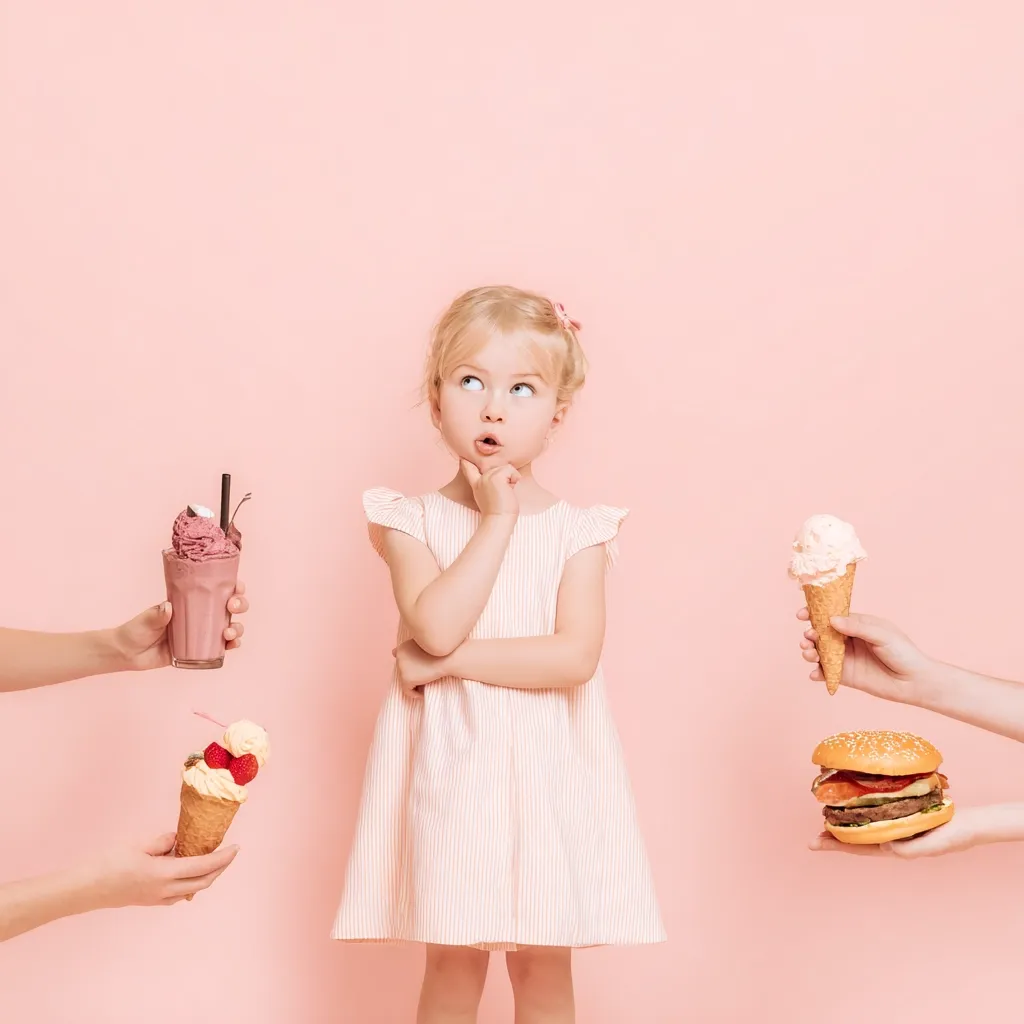 A cute little girl in a light pink and white striped dress stands thoughtfully in front of a pink background.  Hands from off-camera offer her a choice of treats: a pink milkshake, an ice cream cone with colorful toppings, a plain ice cream cone, and a juicy hamburger.  She looks undecided, gazing upwards in contemplation.