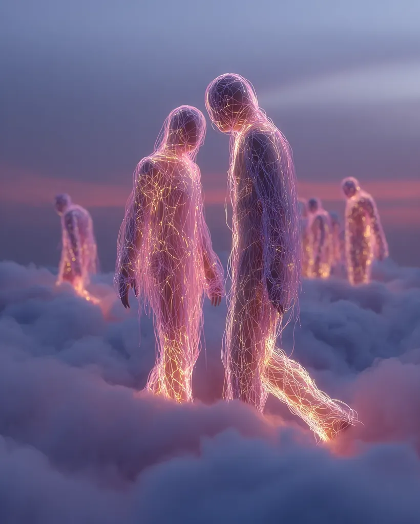 Two luminous figures, cloaked in glowing threads, walk on a soft cloud landscape.  They are surrounded by others, similarly ethereal, creating a surreal and dreamlike scene under a twilight sky. The figures appear interconnected, their forms suggesting a spiritual or technological connection. The overall atmosphere is peaceful yet mysterious.
