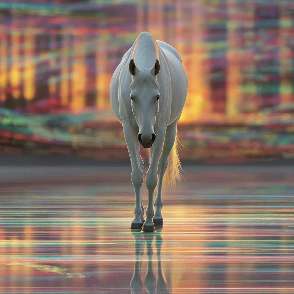A majestic white horse walks toward the viewer, its reflection mirrored in a vibrant, colorful, and seemingly wet ground.  The background is a blurred spectacle of warm and cool colors, suggesting a cityscape at sunset or sunrise. The overall impression is one of serene beauty and magical realism.