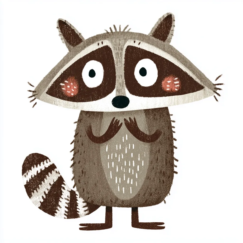 A charming illustration of a raccoon, rendered in a textured, hand-drawn style.  The raccoon has large, expressive eyes and is depicted with its paws clasped together in front of its chest, conveying a sense of innocence or shyness. Its fur is a blend of grays and browns, with a distinctive ringed tail.  The overall style is cute and whimsical.