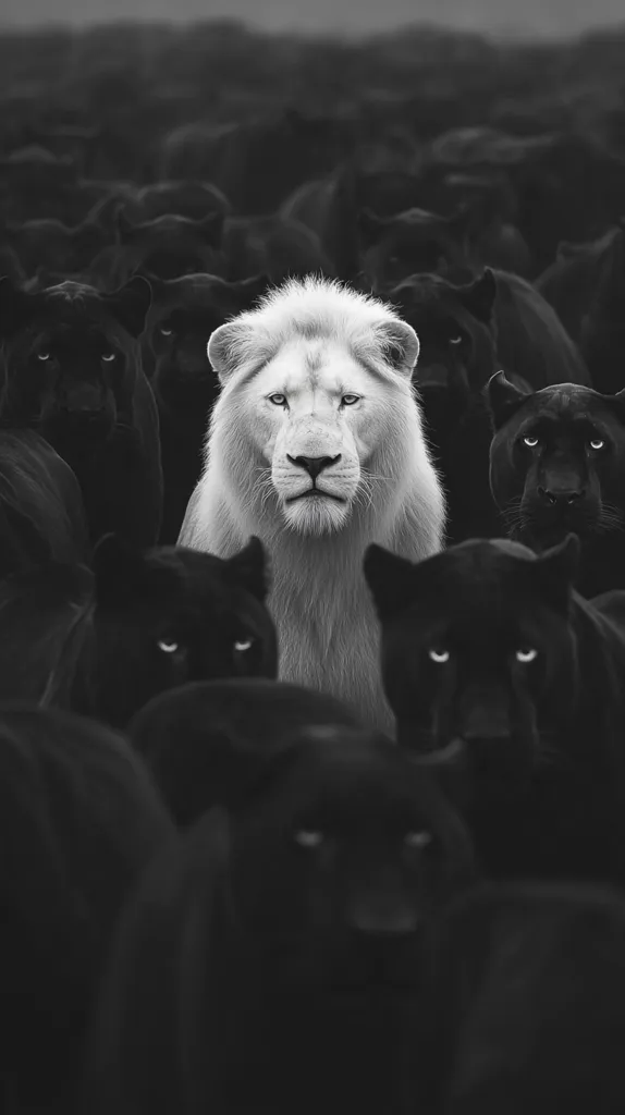 A majestic white lion stands defiantly amidst a throng of black panthers.  The monochrome image emphasizes the stark contrast between the lion's light fur and the dark, intense gaze of the surrounding panthers. The lion's calm composure creates a powerful visual narrative of strength and difference within a challenging environment. The overall effect is striking and thought-provoking.