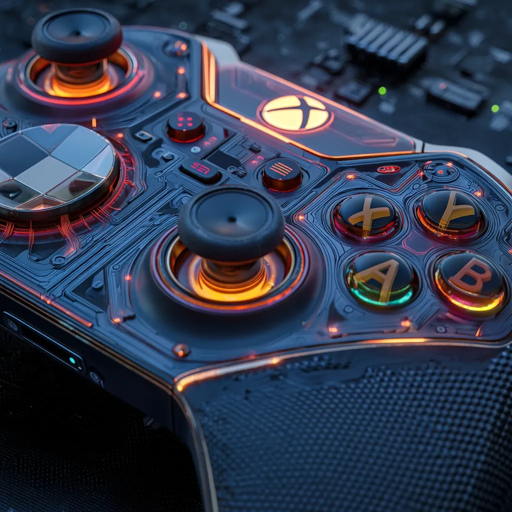 A close-up shot reveals a futuristic video game controller, its dark metallic surface illuminated by vibrant orange and blue internal circuitry.  The controller features prominent joysticks, action buttons with glowing lettering, and a central Xbox logo.  The design suggests a high-tech, possibly customized, gaming peripheral.  The background hints at a circuit board, emphasizing the controller's technological nature.