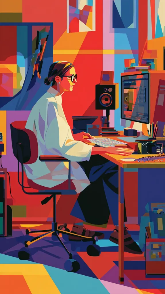 A stylized illustration depicts a person seated at a desk, working on a computer.  The room is vibrant with bold geometric shapes and contrasting colors of red, orange, purple, and blue. The individual, wearing glasses and a loose white shirt, sits in a modern chair.  The computer screen displays code or design work, suggesting a creative or technical profession. The overall style is graphic and bold.