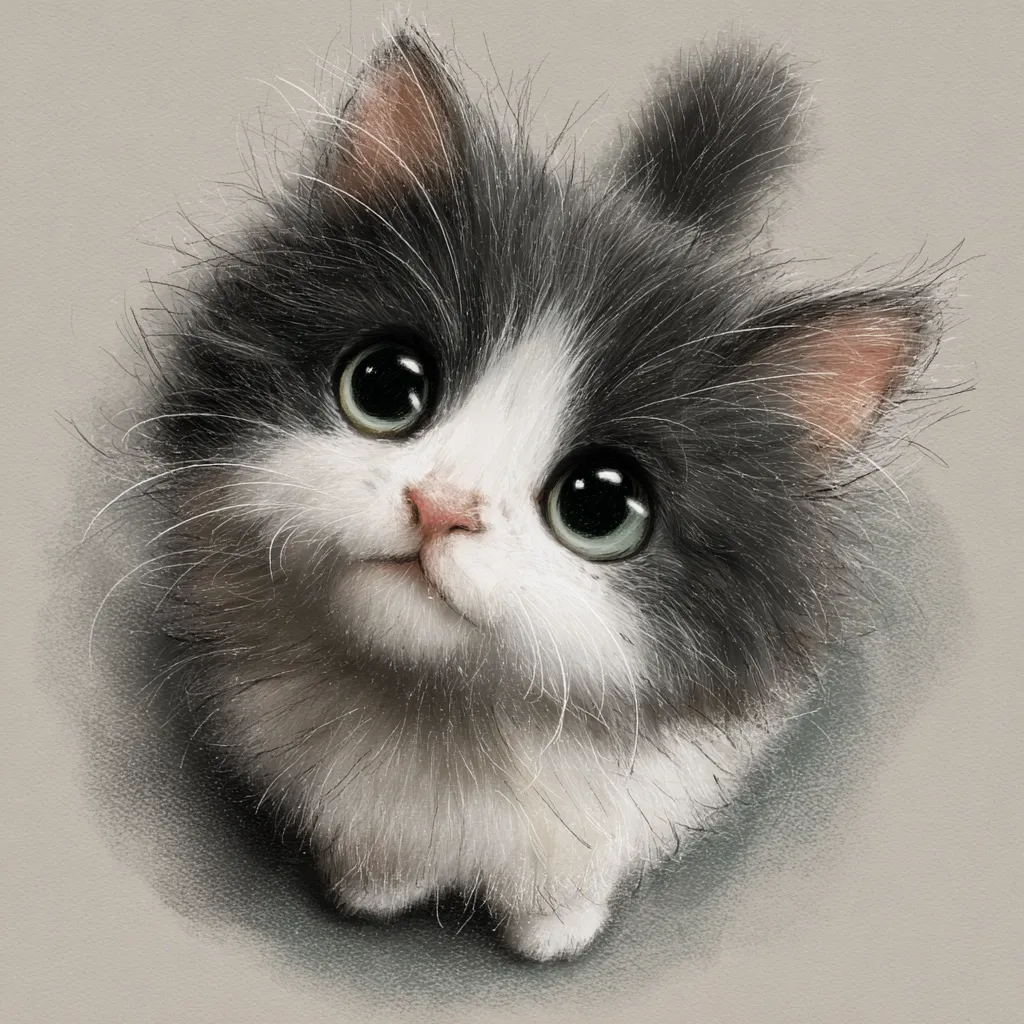 An adorable digital painting of a fluffy gray and white kitten.  Its large, expressive eyes and innocent gaze are captivating. The kitten is depicted from a slightly elevated perspective, looking upward with a sweet expression.  The artist’s style emphasizes softness and creates a charming, endearing image. The overall tone is light and heartwarming.