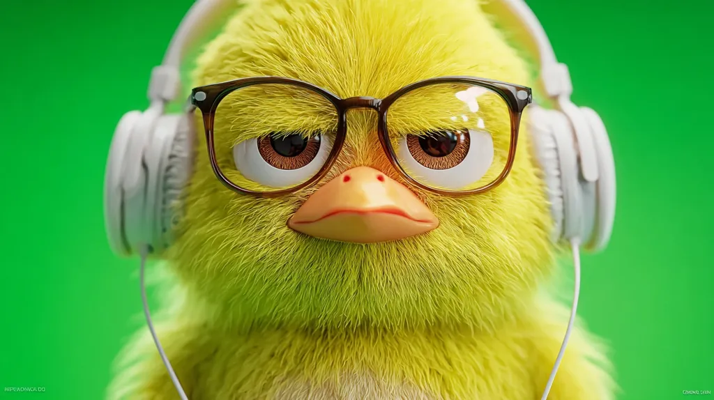 A close-up shot reveals a fluffy, yellow chick wearing round, brown-rimmed glasses and white headphones.  The chick's expression is serious, its large eyes gazing directly at the viewer.  The vibrant green background contrasts with the chick's bright yellow plumage. The image is digitally rendered, showcasing realistic fur texture and detail.