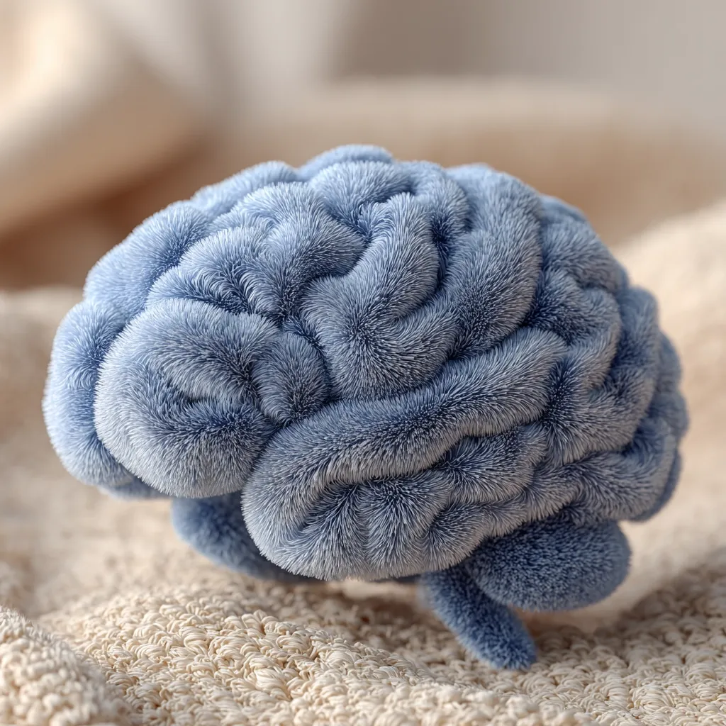 A fluffy, blue, brain-shaped object rests on a beige, textured surface.  The texture mimics the folds of a human brain but is covered in soft, light blue fur. The background is blurred, focusing attention on the unique object. The image evokes a sense of comfort and perhaps alludes to the concept of a gentle mind or brain health.