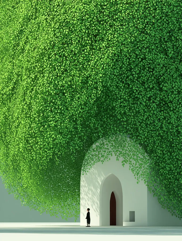 A lone figure in dark clothing stands before a white arched doorway, partially obscured by a cascading wall of vibrant green leaves. The structure's simple design contrasts with the lush, natural abundance of the foliage, creating a serene and slightly mysterious atmosphere. The scene is minimalist, focusing on the interplay of natural and architectural elements.