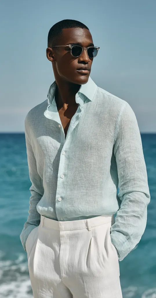 A dark-skinned man with short hair wears a light teal linen shirt and white linen pants. He's wearing tortoise-shell framed sunglasses and stands with his hands in his pockets, gazing out at a bright blue ocean. The scene is sunny and evokes a summery, coastal vibe.  The clothing is crisp and stylish, suggesting a relaxed yet sophisticated look.